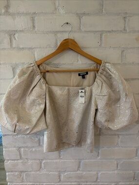 Express x Rachel Zoe Metallic Jacquard Puff-Sleeve Blouse (B3)